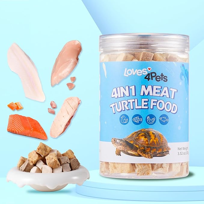 Turtle Food - 4 in 1 Natural Freeze-Dried Chicken, Duck, Salmon, Cod β Real Meat Snacks for Aquatic & Box Types, Cats & Dogs β Human-Grade Quality