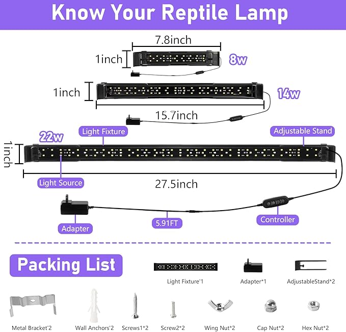 8W LED UVA UVB Light for Reptiles,7.8" HO UVB 12.0/10.0/5.0/2.0 LED Reptile Light Fixture 6500K for Turtles,Bearded Dragons & Snakes,4 UV Modes Dimming Light Bar for Tropical & Desert Reptile