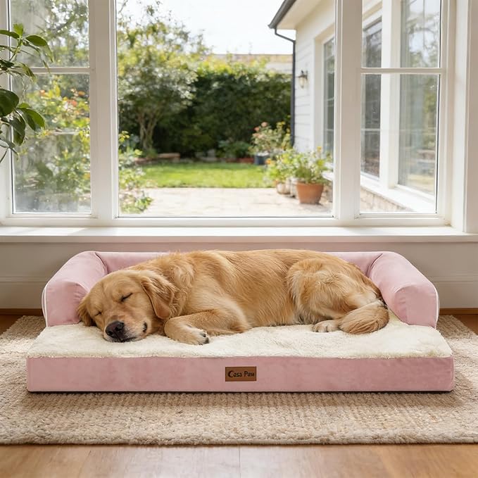 Orthopedic Dog Beds for Large Sized Dogs, Waterproof Egg Crate Foam Large Dog Couch Beds with Comfy Bolster 36x27Inch, Washable Pet Beds with Removable Cover and Nonskid Bottom, Pink