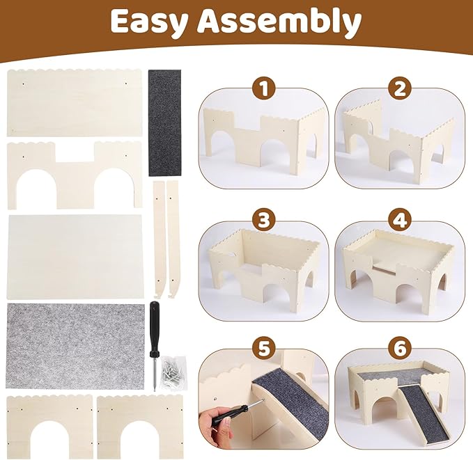 Guinea Pig Hideout 2-Tier Wooden Small Animal Hideout Sturdy Guinea Pig Castle with Ramp & Platform for Bunny, Chinchilla, Rat & Hamster - Easy Assembly Multi-Level Habitat
