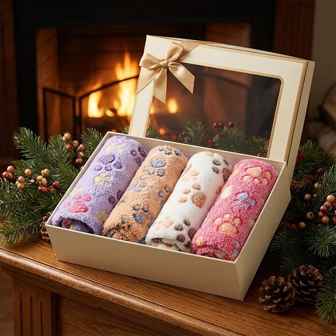 Tatuo 4 Pcs Dog Blanket for Pet Cat Blankets Indoor Puppy Teething Stuff Toys Paw Print Fleece Blanket Warm Sleep Mat for Guinea Pig Cage(White, Coffee, Pink, Purple,29 x 29 Inches,Round)