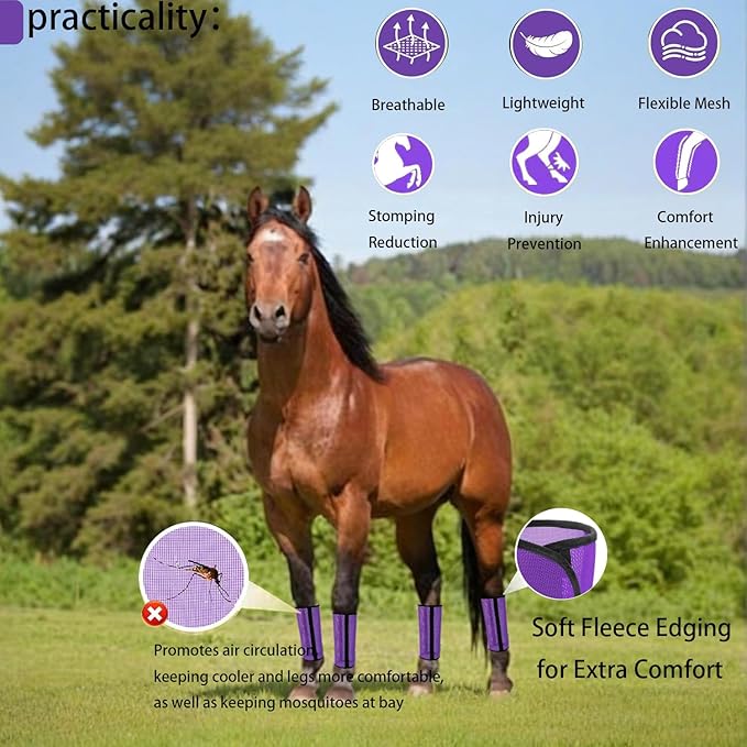 Horse Fly Boots - Breathable Mesh Protection Set of 4, Comfortable Horse Leggings, Equine Supplies for Horses, Reduces Stomping & Leg Fatigue (Purple)