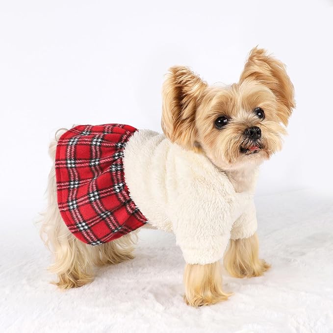 DaFuEn Dog Sweater,Dog Dress, Dog Sweaters Dresses for Small Dogs,Cute Warm Fleece Hooded Sweater for Small Dogs, Plaid Puppy Dresses Clothes Chihuahua Yorkie Cat Apparel (White,S
