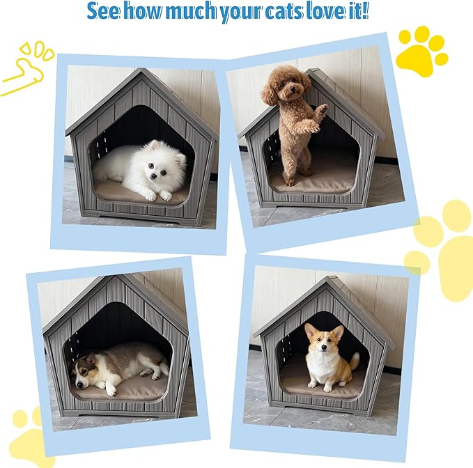 Fancyango Dog House Outdoor Indoor for Small Dogs - Plastic Pet Shelter, Easy-Assemble & Weather-Resistant for Living Room, Balcony (Classic Grey, 23.43" L×22.44" W×22.24" H)