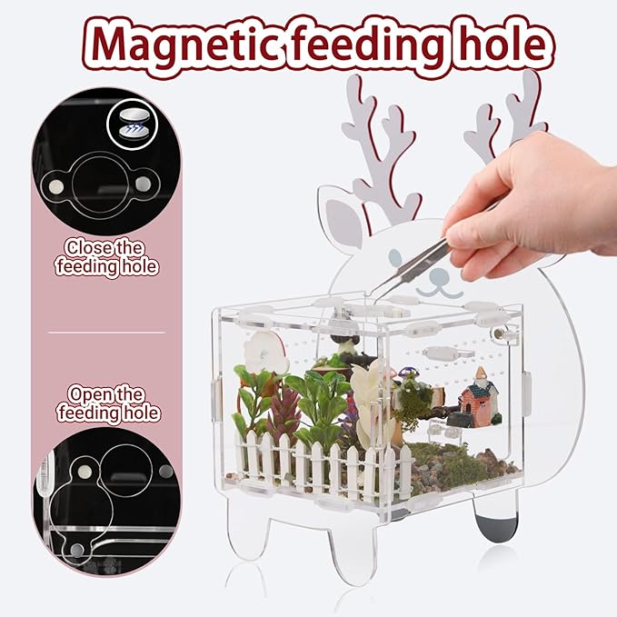 Acrylic Jumping Spider Enclosure 4.7x4.7x3.5 Inches, Magnetic Front Opening Door Escape-Proof Habitat for Tarantulas & Small Reptiles, Cute Deer-Shaped Acrylic Terrarium