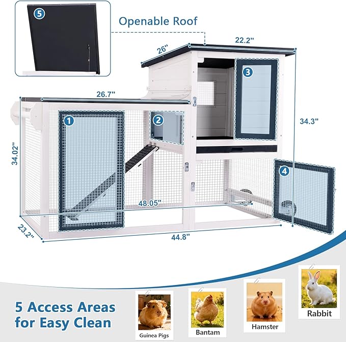 FunXplore Rabbit Hutch Indoor Bunny Cage Outdoor Chicken Coop with Wire Floor Slide Out Tray, Chew-Resistant Ramp & Entrance Openable Waterproof Roof & UV-Resistant Roof Handle Wheels