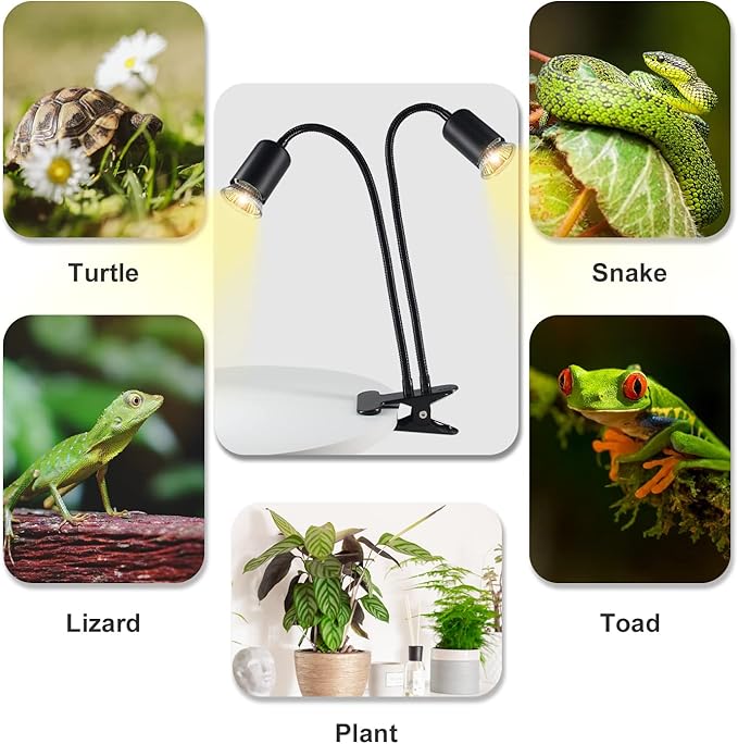 TFNN Reptile Heat Lamp, Double-Head Heat Lamp with Clamp, UVA UVB Reptile Light with Intelligent Cycle Timer for Turtle, Bearded Dragon, Lizard and More, 2 Bulbs 25W+50W