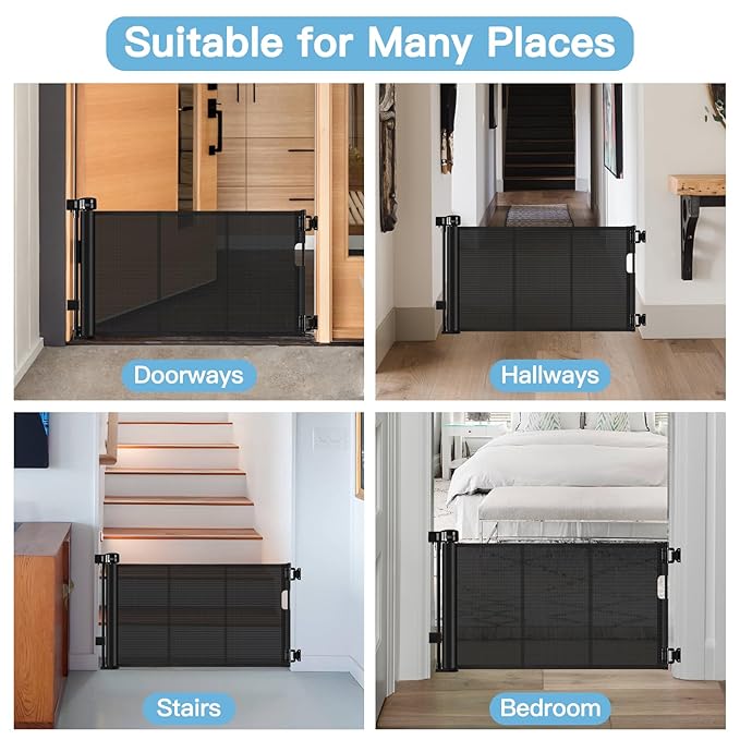 Short Dog Gate 0"-39" Wide Narrow Baby Gate 24” Tall Retractable Short Pet Gate to Step Over Short Baby Gate for Doorway, Low Pet Gate Indoor Doggie Gates Mesh Puppy Gate for Stairs, Black