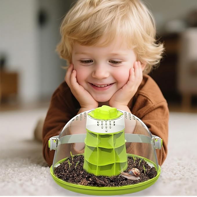 Small Animal Carrier ā Round Transparent Snail Terrarium Kit for Kids, Portable Insect Habitat with Air Vents, Removable Base & Handle for Snails, Beetles, Spiders, Ladybugs