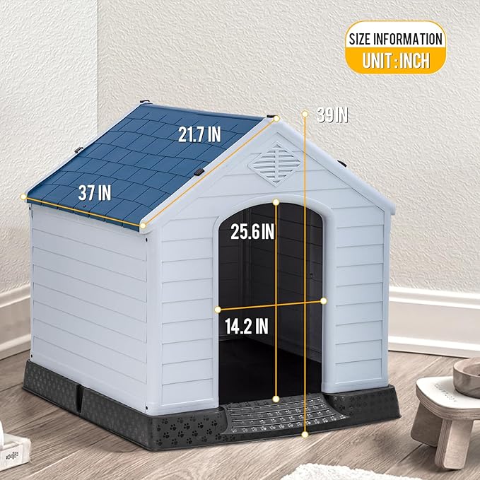 FDW 39-Inch Dog House Indoor Outdoor Durable Ventilate Waterproof Pet Plastic Dog House for Large Dogs Insulated Puppy Shelter Kennel Crate with Air Vents and Elevated Floor,Dark Black