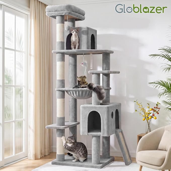Globlazer Heavy Duty Cat Tree, 70 inch Sturdy Cat Tree for Indoor Cats Extra Large Cat Tower with Scratching Post, Hammock, Cat Condo for Adult Cats Kittens, F70 Pro, Light Grey - Image 7