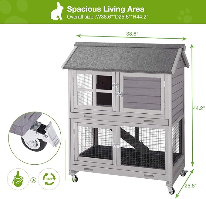 GUTINNEEN Rabbit Hutch Indoor with Metal Wire Floor and Removable Tray, Two-Tier Design with Ramp Bunny Hutch, Wooden Movable Guinea Pig Cages Waterproof Asphalt Roof 38.6"