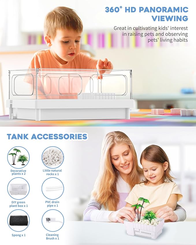 MoonOrange Small Turtle Tank with Filter, Turtle Aquarium, Acrylic Turtle Terrarium with Basking Platform, Bottom Drainage, Multi-Function Areas for Turtles, Crayfish, Small Reptiles.(Tank+Filter)