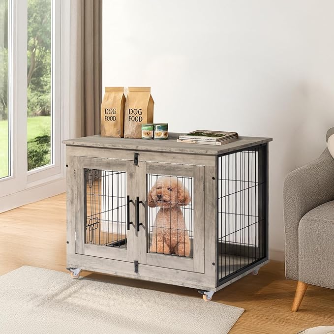 VINGLI Dog Crate Furniture, 32'' Wooden Dog Kennel with Wheels, Double Doors Indoor Dog Cage End Table, Grey (Medium-32 inch)