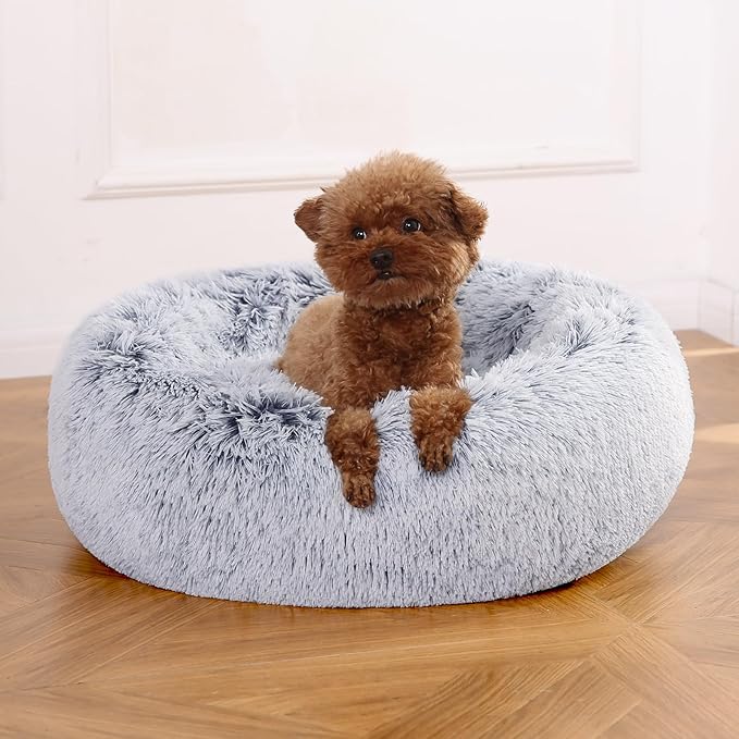 Amazon Basics Washable Donut Pet Bolster Faux Fur Bed with Removable Cover, Anti-Slip Bottom for Dog, Grey, 23" x 23"