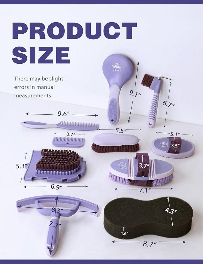 Horse Grooming Kit, 11-Piece Complete Grooming Supplies Set with Curry Comb, Brushes & Hoof Pick for Daily Care, Stable & Show Use Sugar Taro