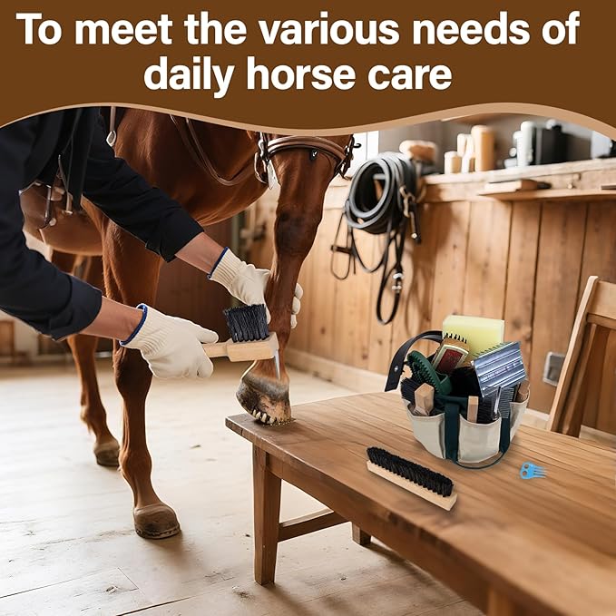 13-Piece Horse Grooming kit for Daily Care,Complete Horse Supplies Set with Wood Brushes, Tack Essentials, Curry Tools, and Practical Horse Accessories for Farm & Stable Use