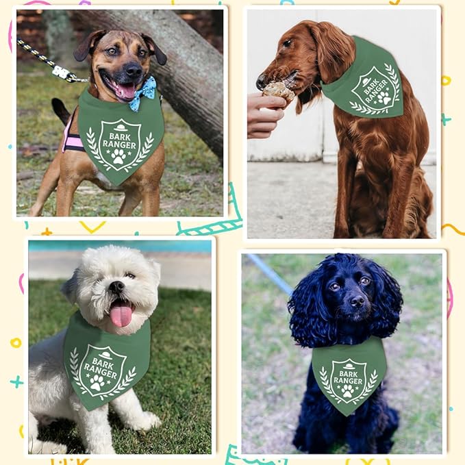 arricraft 1 Pc Pet Dog Bandana, Green Adjustable Triangle Pet's Bandana with Bark Ranger Words Shield Pattern Washable Cotton Scarf Bibs Kerchief for Dog Puppy Cat Kitten Pet 30.70x14.96inch(78x38cm)