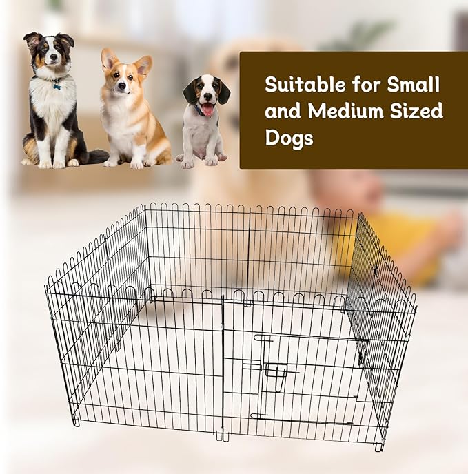 Foldable Metal Dog Playpen, Portable Pet Pen Puppy Exercise Pens 8 Panels Small/Medium Dogs Fence for Yard Indoor&Outdoor RV Travel Camping with Doors for Cat Rabbit Hedgehog