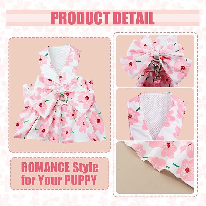 Dog Dress Bowknot Harness Leash Set for Small Dogs Yellow Lemon Dog Cat Clothes Cute Puppy Outfits Pet Clothes Spring Summer Breathable Dresses(Medium)