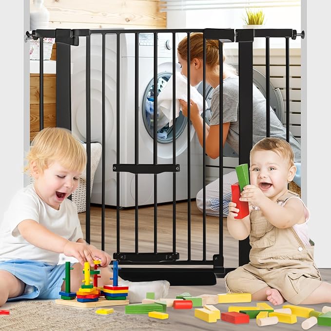 SHYUJAJIE 37 Inch Tall Baby Gate with Small Cat Door, Adjustable 29.5" and -40.55",Auto Close Dog Gate Pet Gate Easy Walk Thru Pet Door for Stairs, Doorway, House, Pressure Mounted Safety Child Gate