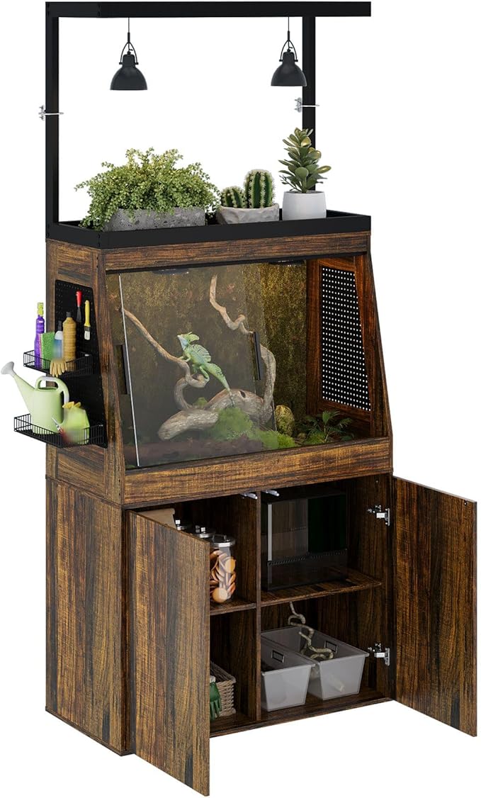 45 Gallon Inclined Reptile Tank with Terrarium Stand, Large Terrarium Reptile Tank Enclosure with Storage Cabinet, Adjustable Shelves and Ventilation Hole Panel, Bearded Dragon Cage, Brown