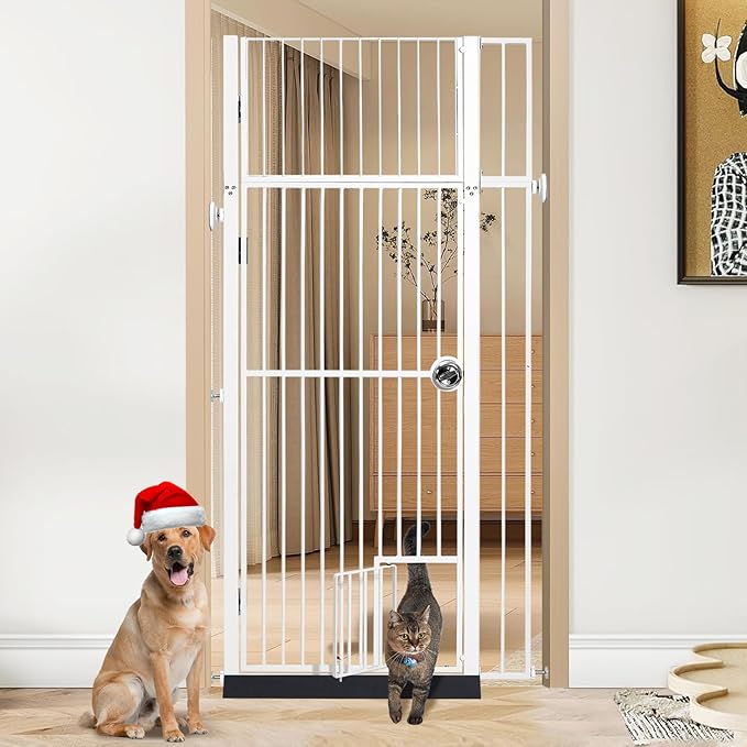 71" Extra Tall Pet Gate with Cat Door, Fits for 28.7"&37.5" Extra Wide Pressure Mounted Pet Barrier Auto-Close Safety Cat Gate with Walk Through Door Latch,White,No Drill