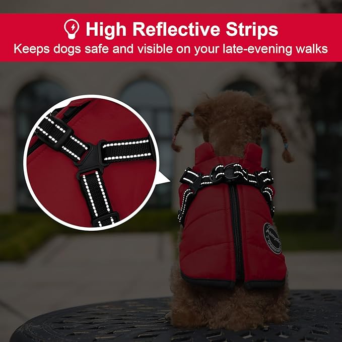 Warm Dog Winter Coat, Cold Weather Jacket with Built-in Harness, Reflective & Adjustable Comfortable Pet Vest, Windproof Apparel for Small Medium Large Dogs (Red)