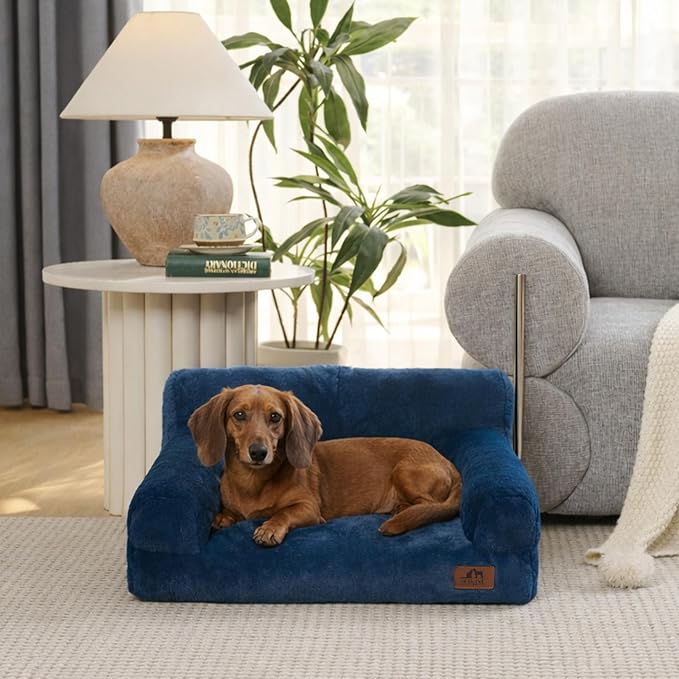 Hollypet Fluffy Dog Cat Bed Pet Couch Beds Plush Soft Warming Washable Puppy Bed for Small Medium Dogs and Large Cats, Cobalt Blue, 24" L x 18" W x 10" Th