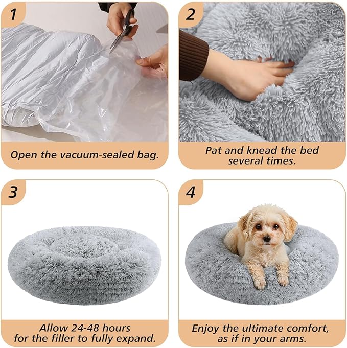 JOLLYVOGUE Calming Dog Beds Large Sized Dog, 36in Donut Washable Large Pet Bed, Anti-Slip & Anti-Anxiety Fluffy Faux Fur Round Dogs Bed, Fits up to 80 lbs Pets (Smoke Grey)