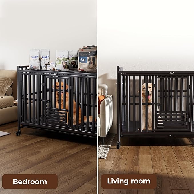 Heavy Duty Dog Crate, Escape-Proof Indestructible Cage for High-Anxiety Dogs, 3-Door Kennel with 4 Lockable Wheels and 2 Removable Trays Ideal for Large & Medium Breeds (49in)