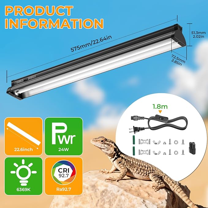 Lustaled 22inch 24W T5 UVB Reptile Light Combo Kit for Tropical & Desert Reptiles, Switchable UVB 5.0, UVB 10.0, Reptile Lamp Terrarium Hood UVB Light for Bearded Dragon, Lizards, Chameleon, Turtle