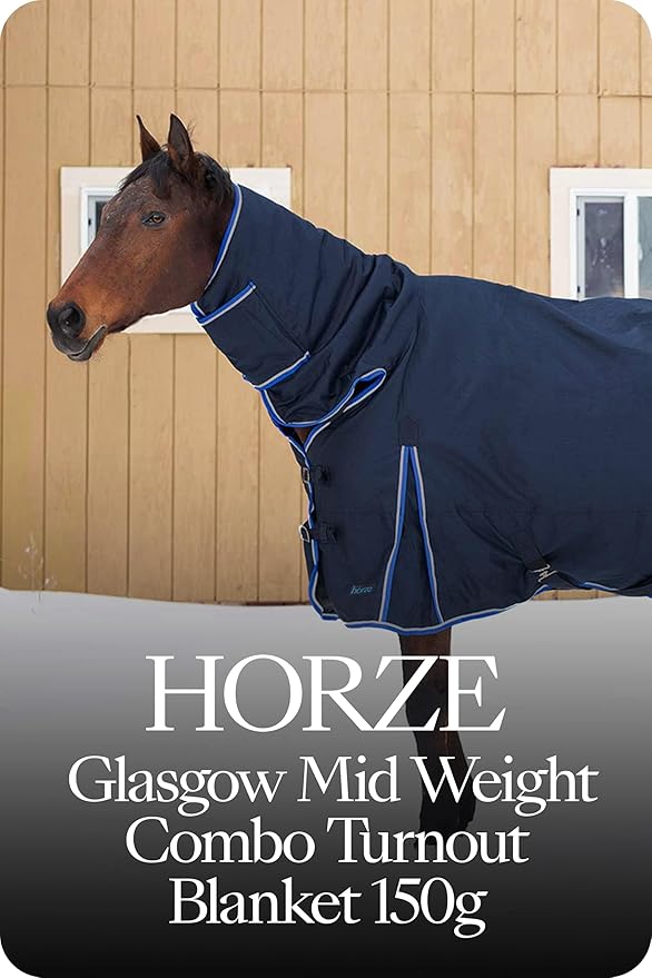 HORZE Glasgow Medium Weight Waterproof Combo Turnout Winter Horse Blanket with Neck Cover (150g Fill) - Dark Blue - 75 in