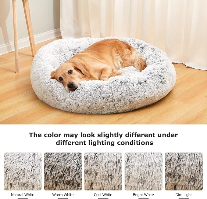 Bedfolks Calming Donut Dog Bed, 23 Inches Round Fluffy Dog Beds for Small Dogs, Machine Washable Anti-Anxiety Plush Puppy Bed(Light Grey, Small)