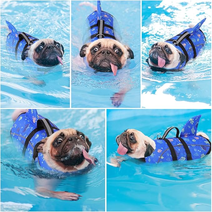 Queenmore Dog Life Jacket Small, Dog Life Vest for Swimming, Shark Life Jacket for Boating with Handle/Leash Hook, Lightweight Puppy Cats Floating Vest for Swim Water Pool (Prints,S)