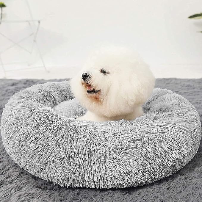 HACHIKITTY Calming Donut Cuddler Dog Bed, Round Fluffy Pet Bed for Small Dogs,Washable, Large, Gray, 24''