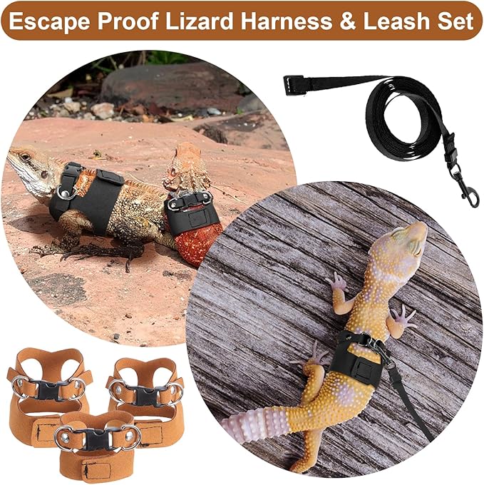 3 Pack Bearded Dragon Harness and Leash Set, Adjustable Nylon Bearded Dragon Accessories with 3 Sizes Vests, 6.56ft Lead for Reptile Training & Walking Accessories(Brown)