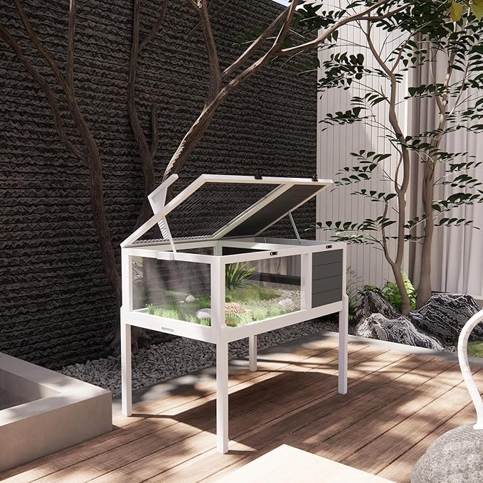 Turtle Habitat Enclosure, Large Wooden Tortoise House for Indoor and Outdoor Use, Reptile Enclosure with Openable Roof & Secure Locking System (Dark Grey, with Leg)