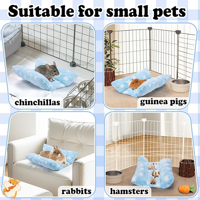 MEWTOGO 15.7" x 14" Bunny Bed for Rabbit Cage - Thickened Soft Prevent Sore Hocks Plush Mat with Cotton Lounger Pillows, Small Animal Flop Mat for Hutch Sleeping Indoor, Light Blue-Star