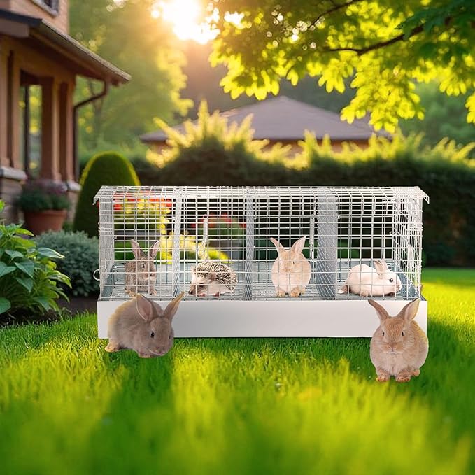 DoubleFill 4 Hole Folding Rabbit Transport Cage, 24 x 12 x 10 in Portable Rabbit Bunny Carrier with Tray and Handles for Travel Temporary Housing, Indoor Outdoor Pet Habitat Animal Enclosure