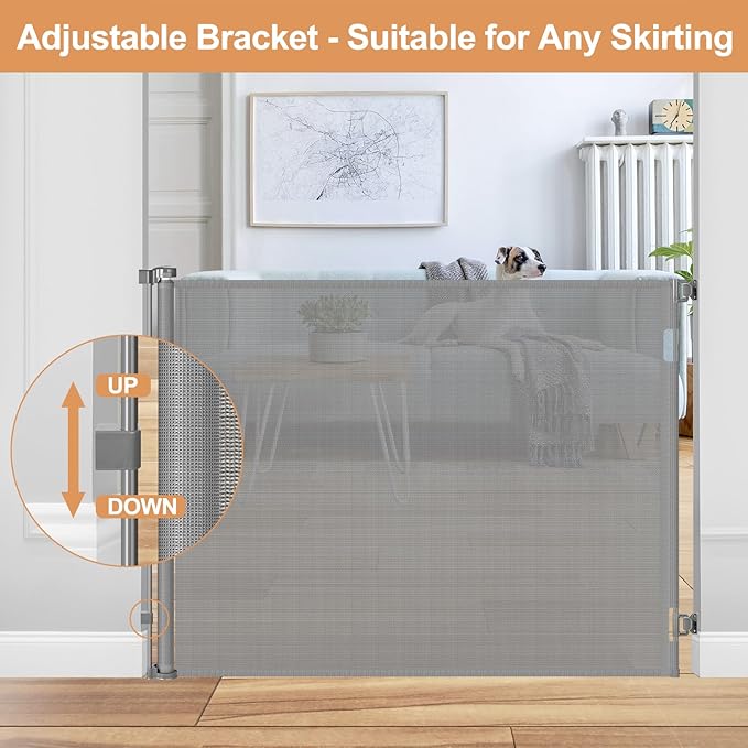 48" Extra Tall Retractable Dog Gate Indoor Prevent Your Baby/Dog/Cat from Jumping Over 55" Wide Extra Tall Retractable Baby Gate for Doorway Mesh Gates for Kids or Pets Puppy Gates for the House, Gray