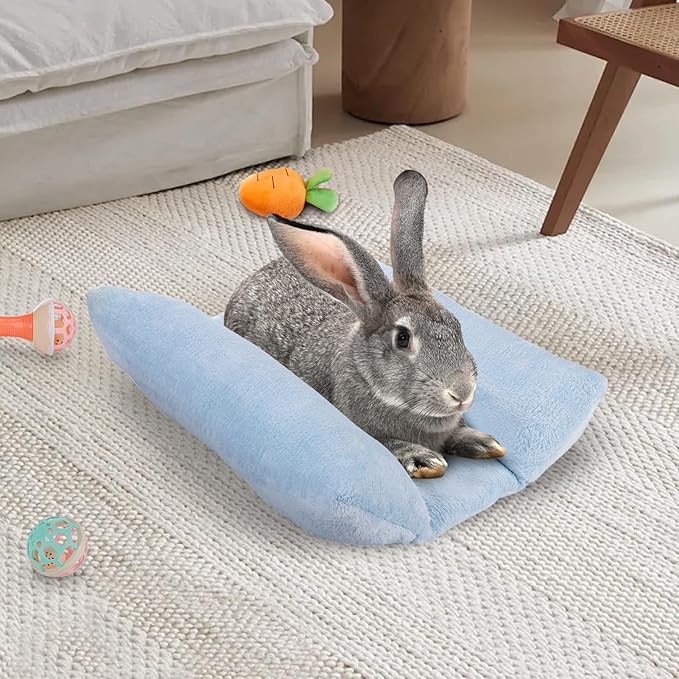 MEWTOGO 15.7" x 14" Bunny Bed for Rabbit Cage - Thickened Soft Prevent Sore Hocks Plush Mat with Cotton Lounger Pillows, Small Animal Flop Mat for Hutch Sleeping Indoor, Light Blue
