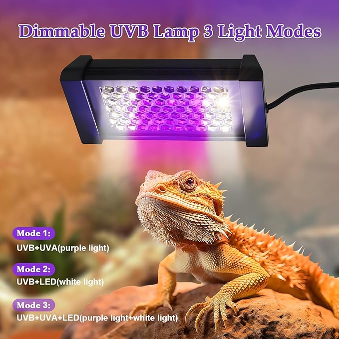 Dimmable uvb Light for Reptiles, 3 Modes Lighting,Adjustable 4, 8, 12 Hour Cycles, 4W LED UVA UVB Reptile Lamp for Bearded Dragon, Turtles, Snake and Lizard