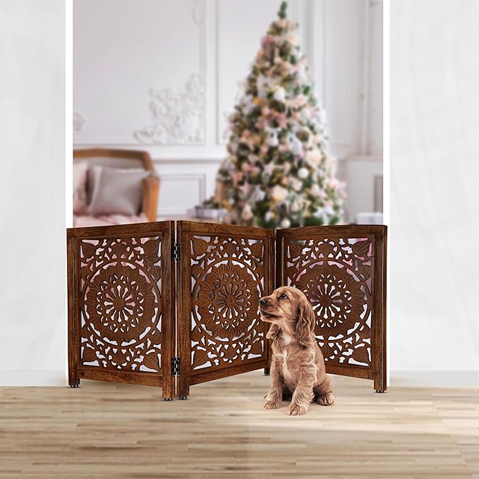 Lightnpro Carved Wooden Dog Gate - Extra-Wide Freestanding Foldable Indoor Pet Barrier, Decorative Safety Gate for Dogs & Puppies, Perfect for Stairs, Doorways & Hallways - 24x54 Inch Natural Burnt
