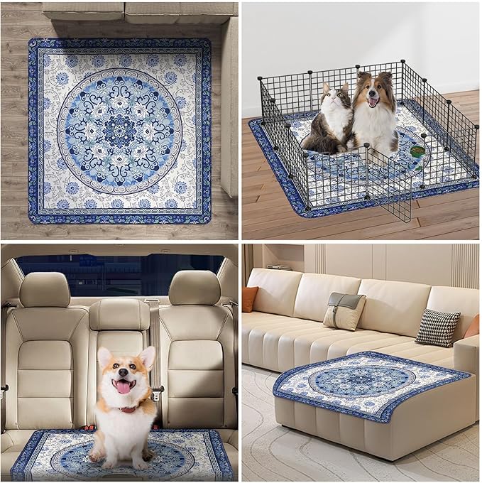 Washable Pee Pads for Dogs 2 Pack,35"x35" Waterproof Non-Slip Reusable Puppy Pad with Fast Absorbent,Leakproof Whelping Pads for Pet Housebreaking (Indigo Blue Medallion, 35"x35"(Pack of 2))