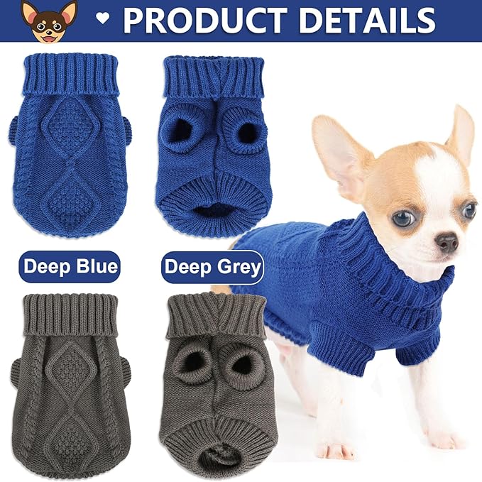 2 Pieces Dog Sweater for Small Dogs Winter Warm Dog Knitted Sweaters Cute Puppy Clothes for Chihuahua Teacup Yorkie Pet Cat Knitwear Turtleneck Thick Clothing Small(4~6.5lbs)