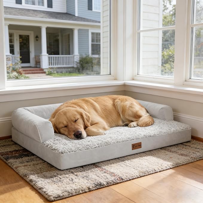 Orthopedic Dog Beds for Extra Large Dogs, Waterproof Egg Crate Foam XL Dog Bed with Sides 48x30Inch, Big Dogs Couch Beds with Removable Washable Cover and Nonskid Bottom, Grey White