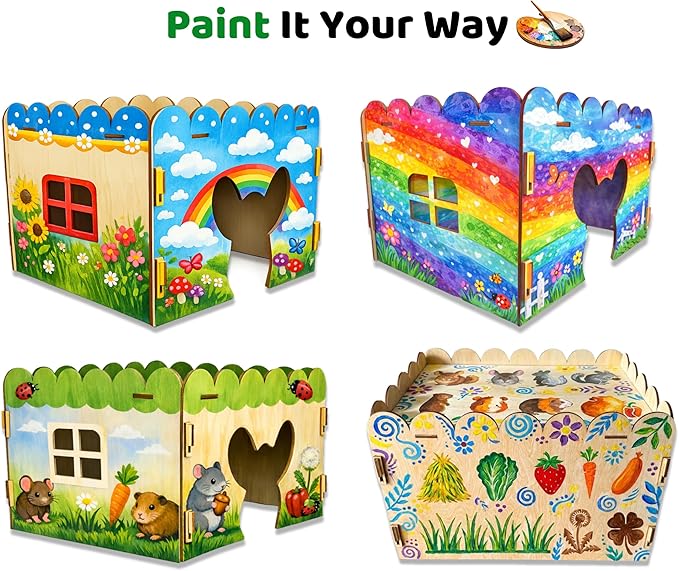 OtterPets Chinchilla House with DIY Acrylic Paint Kit, Fleece Mat Included, Made from Safe and Natural Materials, Chinchilla Cage Accessories, Chinchilla Hideout