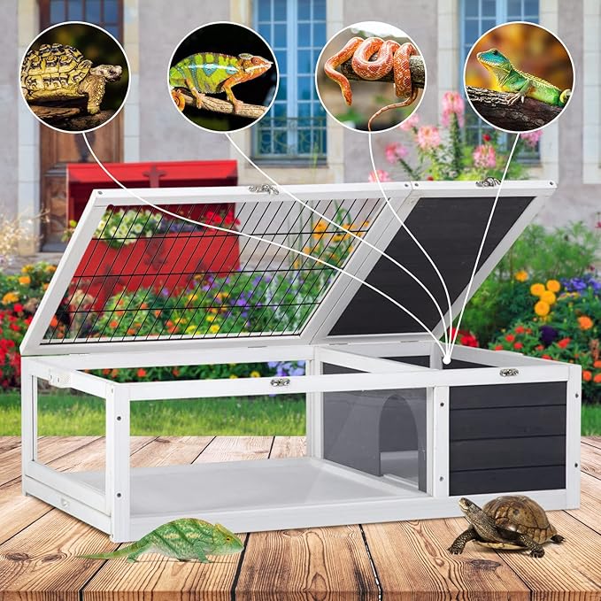 Tortoise Habitat, Large Wooden Box Turtle Enclosure with Removable Tray, Indoor Outdoor Tortoise House Reptile Cage for Small Animals,Easy to Assemble