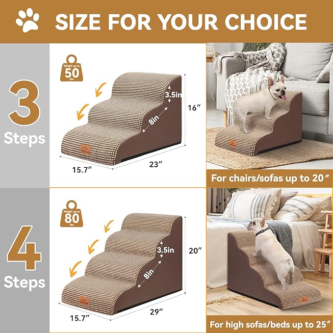 Zerbuger Dog Ramp and Stair for Bed 16" H-20 H,3-Step Cat Stair for Sofa and Chair,4-Step Dog Ramp for High Bed and Window,Durable Nonslip Fabric Cover for Indoor (Coffee-20 H, Pet Friendly, 4)